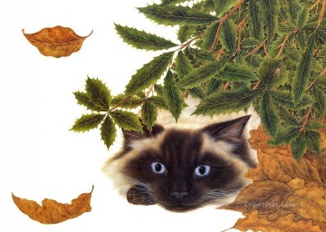 blätter sammeln Ölbilder verkaufen - Katze und Blätter